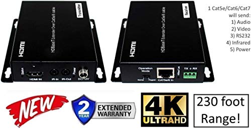 Hdbaset 4K Hdmi Extender Kit Over Single Cat5E Or Cat6 60Hz Ultrahd Yuv 4:4:4 Uncompressed 230Ft 70M Transmitter Receiver Bi-Directional Ir Rs232 Hdcp2.2 Hdtv Control4 Savant Home Automation 4K2K #TOP5