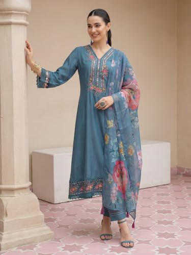 Image of INDO ERA Women's Silk Blend Embroidered Zari Work Straight Kurta & Pant Set | Cord Set For Women