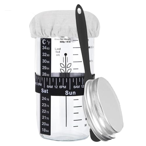 Kit de tarros de masa madre de 24 onzas, juego de tarros redondos de vidrio de masa madre de 730 ml, tarro de masa agria con bandas de alimentación marcadas con fecha, kit de recipiente para hornear