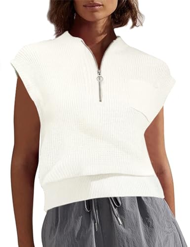Image of Women Sleeveless Knit Zip Sweater Vest Loose Fit Mock Neck Casual Tank Top with Front Pocket