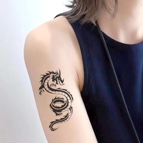 Oottati Small Cute Temporary Tattoo Sticker Set of 2 - Black Dragon Totem Designs for Hand Neck Face Wrist, Waterproof Fake Body Art, Simple & Modern Unisex Skin Decals