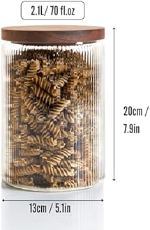Mason & Fable Ribbed Glass Jar with Wooden Lid 70fl.oz- Set of 2 | Airtight Fluted Storage Container for Cookies, Pasta, Coffee, Dog Treats, Snacks | Organization Canisters for Home & Kitchen