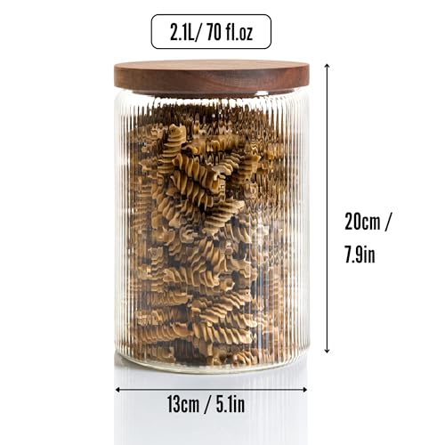 Mason & Fable Ribbed Glass Jar with Wooden Lid 70fl.oz/ 2.1L- Set of 2 | Airtight Glass Storage Canister for Biscuits, Pasta, Dog Treats, Snacks | Container for Home & Kitchen
