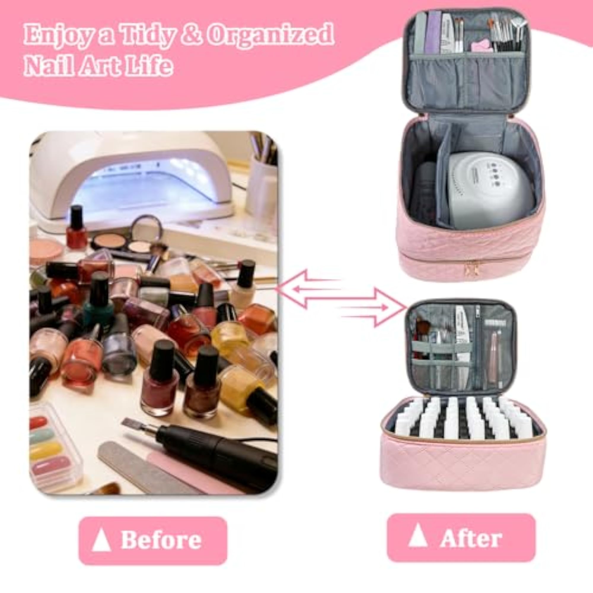 Double-Layer Nail Polish Organizer Bag Holds 30 Bottles, Pink