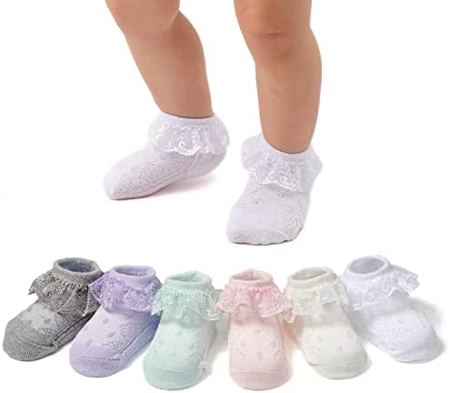 Mini Angel Baby Lace Socks Newborn Girls Eyelet Lace Ruffle Frilly Ankle Socks Soft Cotton Dress Socks with Box Gift Set,6 Pairs,White/Cream/Pink/Grey/Light Green/Purple,0-3 Months