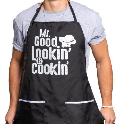 Aller Home&Kitchen Aprons for Men. Mr Good Looking Black Apron with Pockets. Adjustable Kitchen Apron, Cooking Apron, Grilling BBQ Apron. Funny Apron Mens Gift