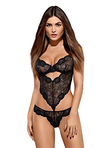 Obsessive verführerischer Body aus Spitze mit Schnürung, in hübscher Geschenkbox, schwarz. Gr. S/M