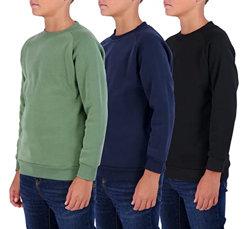 Real Essentials 3 Pack: Youth Fleece Crew Neck Long Sleeve Soft Pullover Sweatshirt Boys Girls Teen Sweater Uniform Active Athletic Gym Tops Clothes Dry Fit -Set 2, L (10/12) #TOP9