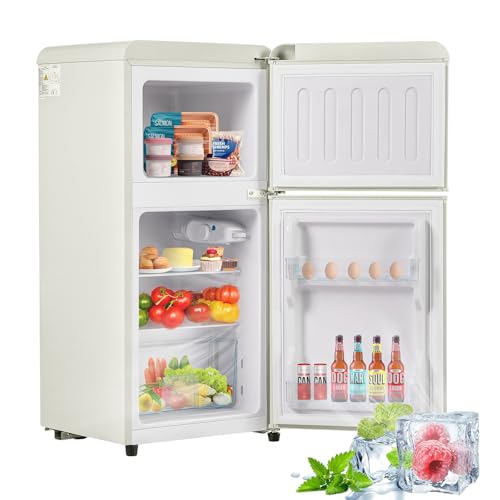 Mini refrigerador con congelador de estilo retro para oficina o dormitorio. Cuenta con puertas dobles, estantes de vidrio extraíbles, descongelación manual,60 L.,White