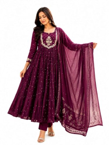 Image of Women's Cotton Embroidery Anarkali Kurti and Pant with Dupatta Set