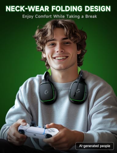 Image of Gvyugke 2.4GHz Wireless Gaming Headsets for PS5, PS4, PC, Switch - Bluetooth 5.3 Gaming Headphones with Noise Canceling Mic, 7.1 Surround Sound, 70H Battery, Blue Lighting - Black Green