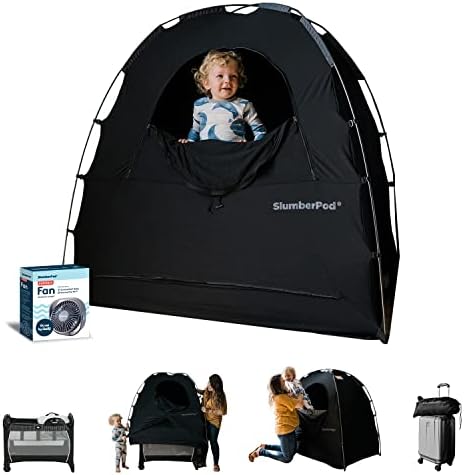 SlumberPod and Fan Combo Portable Privacy Pod Blackout Canopy Crib Cover, Sleeping Space for Age 4 Months and Up, Pack n Play Blackout Cover, Baby Travel Crib Canopy (Black/Grey)