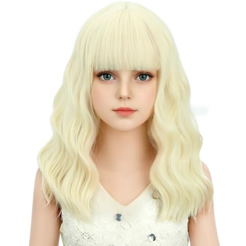 Image of Adult Light Blonde Wig Women Short Blonde Wavy Curly Wigs Adult Wig with Air Bangs Synthetic Cosplay Hair Wigs