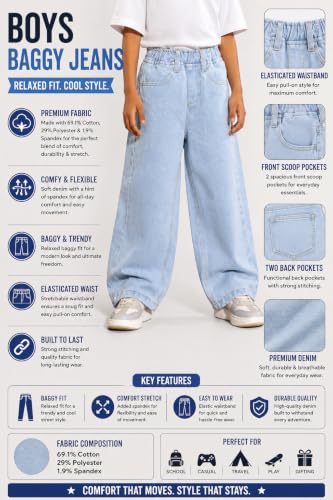 Image of KiddoPanti Boys Baggy Jeans | Stretch Denim Wide Leg Jeans | Elastic Waist Casual Denim Pants | Cotton Blend Loose Fit with 4 Pockets | Kids Street wear | 2-14 Years