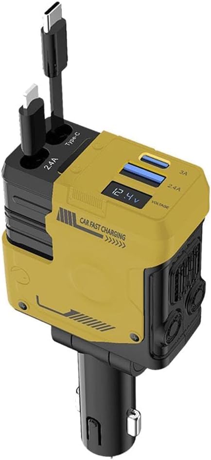 Image of Muvit Retractable Car Charger 120W 4-in-1 Fast Charging Car Phone Charger with 31.5 Inch Retractable Cables & 2 USB Ports | Compatible with iPhone 16 /15 /14 /13 /12 Pro Max /XR, iPad, Pixel,Samsung-Yellow