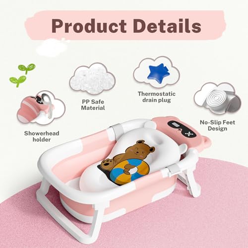 Image of AVIDOR Baby Bathtub,Collapsible Bathtub for Newborn to Toddler,Durable Essential Infant Bath Tub,Portable Travel Baby Tub with Soft Cushion,No-Slip Hanging and Detachable(Pink)