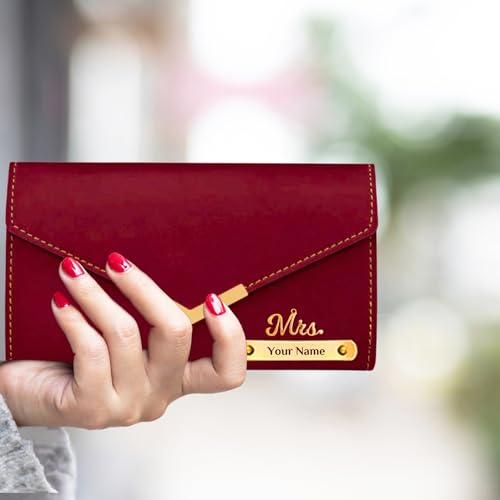 Image of Personalized Leather Clutch for Women | Custom Name & Charm | 3-Fold Ladies Wallet | Stylish Purse Gift for Girlfriend, Wife, Mother & Sister | Multi-Compartment Wallet (Red)