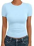 AUTOMET Women's Crew Neck Short Sleeve Summer Basic T-Shirt Stretchy Tight Fitted Soft Going Out Workout Gym Tops Baby Blue M