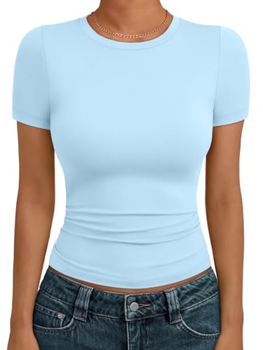 AUTOMET Womens Crew Neck Short Sleeve Summer Basic T-Shirt Stretchy Tight Fitted Soft Going Out Workout Gym Tops Baby Blue M