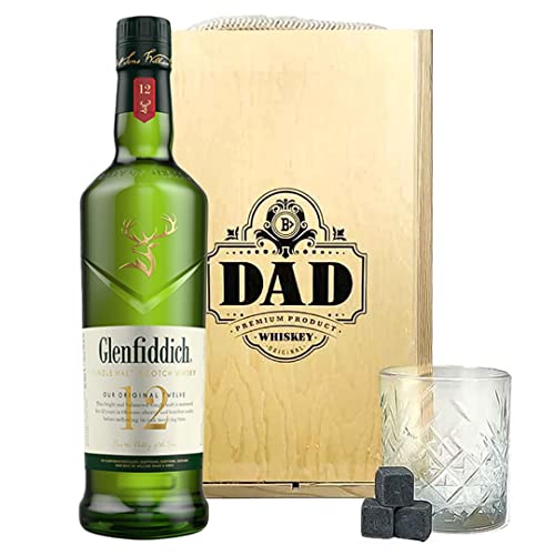Glenfiddich 12 Year Single Malt Whisky Dad Gift Set in Wooden Box with Glass - Whiskey Gift Sets for Men, Whisky Gift Set, Alcohol Gift Set, Fathers Day, Birthdays, Christmas