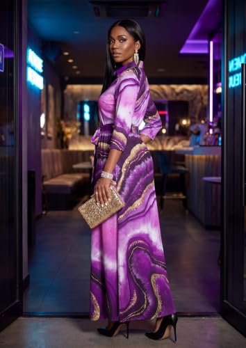 Image of Runwind Women Church Maxi Dresses 3 /4 Sleeve Button Down Print Casual Office Dress African