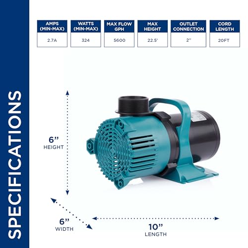 Image of Alpine Corporation 5600 GPH Vortex Submersible Water Pump 20 Ft Cord for Ponds, Fountains and Water Circulations, Quiet Operation Vertical /Horizontal, 22.5 Ft Lift 324 Watts, Black /Teal
