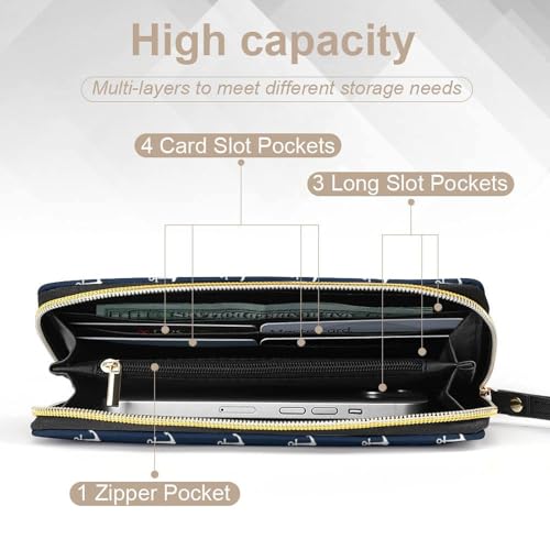 Wallet for Women Blocking Leather Large Capacity Card Holder Wallet Nautical Anchor Navy Blue Ladies Phone Clutch Long Purse Wristlet4