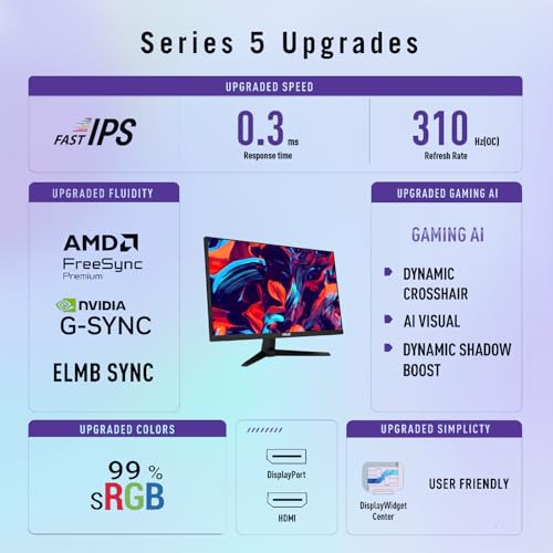 Image of ASUS TUF S5 24.5 inchGaming Monitor - 310Hz, Fast IPS, 0.3ms, G-SYNC Compatible, FreeSync Premium, Extreme Low Motion Blur Sync, 99% sRGB, Gaming AI Technology, 1 X DisplayPort 1.4, 2X HDMI 2.0, Black