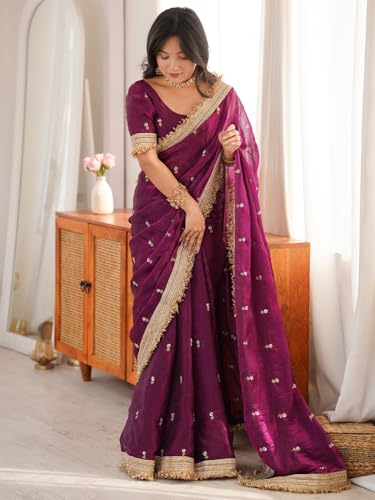 Image of AKHILAM Women's Shimmer Off White Georgette Sequence Embroidery Saree With Unstitched Blouse Piece