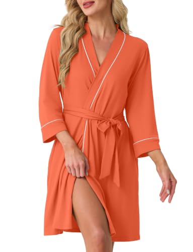 Image of PrinStory Womens Robe Knee Length Soft Knit Bathrobe S-2XL | V-Neck 3 /4 Sleeve Robes with Pockets, Lightweight, Breathable Bath Robe for Shower, Spa, Travel, Home, Party, Nursing