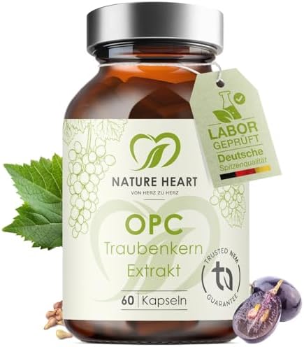 Nature Heart OPC Traubenkernextrakt 60 Kapseln – 200 mg OPC je Kapsel, 95% Polyphenole – aus französischen Trauben, hochdosiert, vegan & ohne Zusatzstoffe
