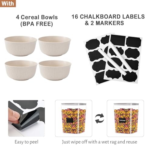 Qozzix Cereal Dispenser Countertop with Cereal Bowls,16 Labels & Pen, Cereal Containers Storage, Candy Dispenser, Dry Food Dispenser For Pantry - Not Easy to Crush Food (Black, 2 Pack) - Thumbnail 5