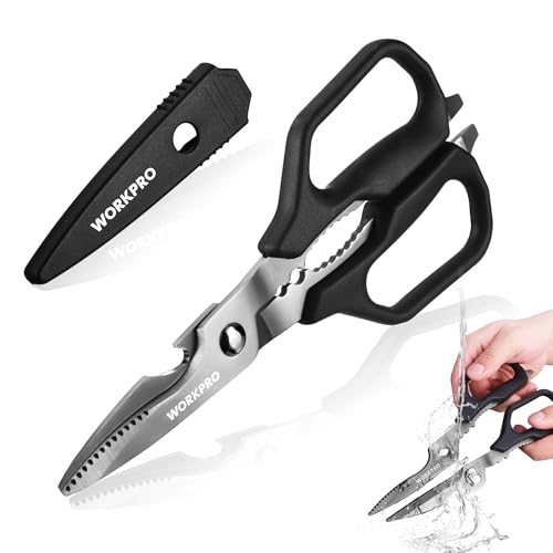WORKPRO Kitchen Scissors, All Purpose Kitchen Shears with Detachable Stainless Steel Blades, Titanium Coated for Easy Cleaning, Heavy Duty for Meat, Fish, Nuts, Vegetables, Protective Cover Included