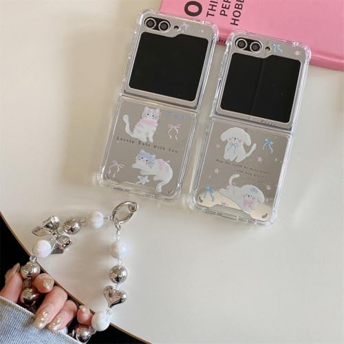 Coque Samsung Z Flip 5 chat chien avec bracelet papillon et miroir argenté - 2