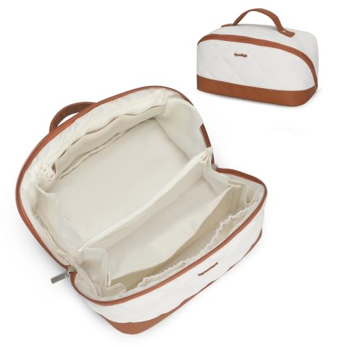 Image of Hynes Eagle Travel Makeup Bag for Women Puffy Cosmetic Organizer Pouch Open Flat Toiletry Bag for Toiletries Brushes Structured Base White