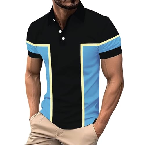 Generic - Pull à manches courtes pour homme au quotidien, décontracté, tendance, ample et tendance, revers géométrique, couleurs contrastées, t-shirt à manches courtes pour sports d'intérieur et d'extérieur
