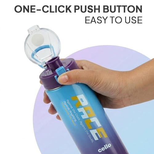 Image of CELLO Puro Steel-X Race Insulated Water Bottle for Daily Use 900 ml Blue Pink | Stylish Colorful Easy Press Open Leak Proof Inner Steel Water Bottle for School, College, Travel, Biking & Office