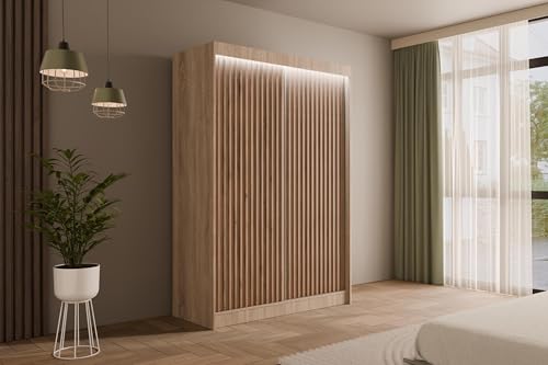 ALTDECOR Kleiderschrank mit Lamel-Schiebetüren, Führungsschienen und Aluminium- Leisten, LED-Beleuchtung und Fernbedienung - VILANv2-120 cm Sonoma Eiche + Sonoma Eiche + Lamelle Eiche Wotan ALTDECOR Kleiderschrank mit Lamel-Schiebetüren, Führungsschienen und Aluminium- Leisten, LED-Beleuchtung und Fernbedienung - VILANv2-120 cm Sonoma Eiche + Sonoma Eiche + Lamelle Eiche Wotan