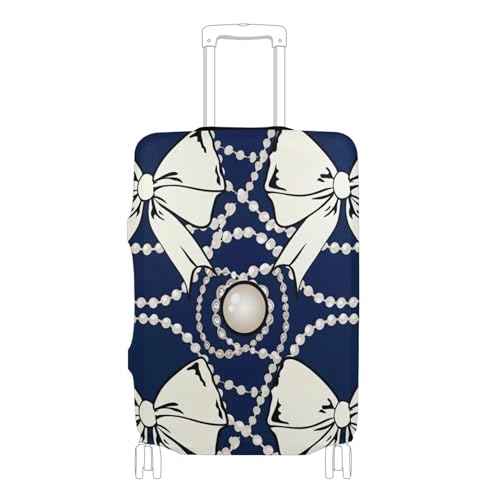 Joisal White Bows Pearls Navy Blue Luggage Cover for Suitcase Protector Trip Elastic Travel Accessories for Women Prints, L, Fits 26-28 Inch Case