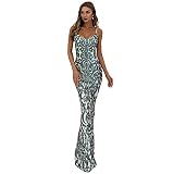 Miss ord Women’s V-Neck Spaghetti Strap Mermaid Sequin Formal Prom Maxi Dress, Sparkly Sleeveless Ev