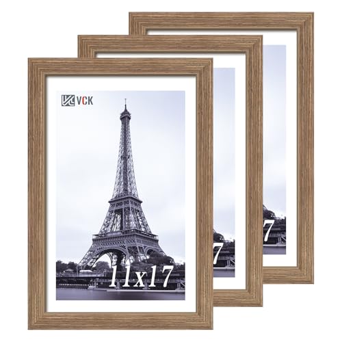 Image of VCK 11x17 Picture Frame Set of 3, Walnut Wood Frames, Gallery Wall Decor Photo Frames for Wall Mounting Horizontally or Vertically