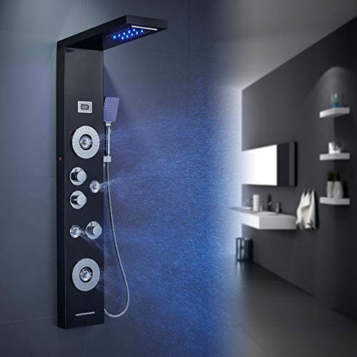 POPFLY Black LED Shower Panel Tower System, Stainless Steel Multi Rainfall Waterfall Shower Massage with Temperature Display, Wall Mount Shower Column with 2 Body Jets+4 Adjustable Body Mist Nozzle - Thumbnail 5