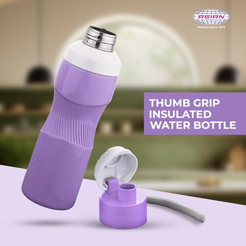 Image of Asian Thumb Grip Insulated Water Bottle 700ml | Steel Inner Flask for Hot & Cold Drinks | Leakproof & BPA Free | Ergonomic Grip for Gym, Office & Travel | Violet Christmas Gifting Essential