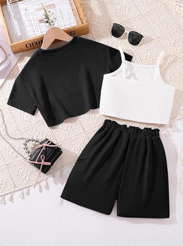 Image of Girls Summer Outfits 3 Piece Graphic Short Sleeve Crop Top Cami and Shorts Set Black 11-12Y