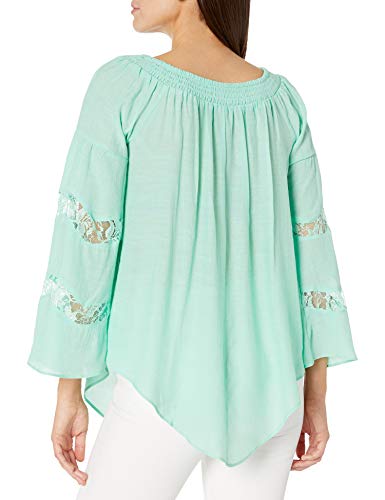 Ny Collection Women's Sld Ls Bell Slv Smocked Scoop Neck Top With Dolphin Hem, Jade Truce, S #TOP1