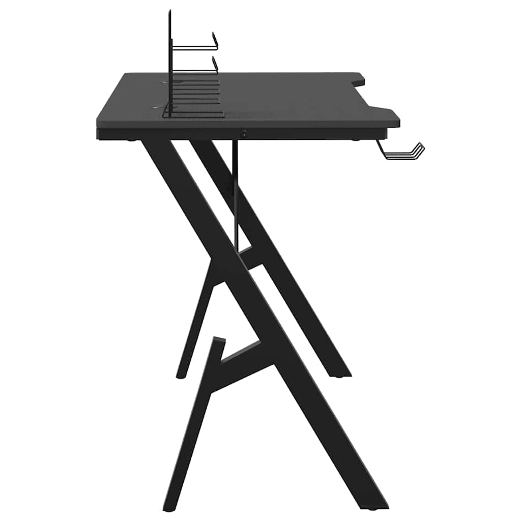 Gaming-Schreibtisch mit Y-Gestell Schwarz 90x60x75 cm, ergonomischer Computertisch mit Kopfhörerablage und Becherhalter, Stabiler Schreibtisch für Monitor und Zubehör