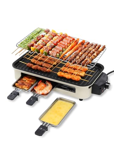 Indoor Grill Smokeless, Compact Electric Grill Inside House for Kitchen Table, 1500W Korean BBQ Grill with Non-Stick Griddle Plate, Removable Raclette Cheese Pans
