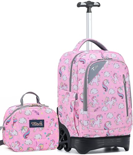 NEW TILAMI 18 Kids Rolling Backpack for School - Waterproof Durable Stair-Climbing Variety of Colors Patterns for Girls & Boys Cute Pink Unicorn