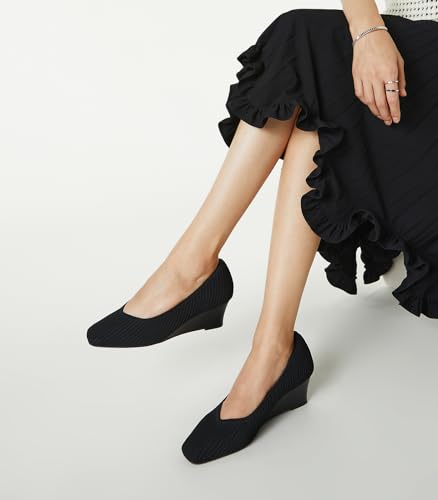 Arromic Women's Wedge Pumps Square Toe Low Wedge Heel Shoes Comfortable V-Cut Closed Toe Wide Wedges Dress Shoes for Women Work Office Casual Daily Dressy 2 inch2