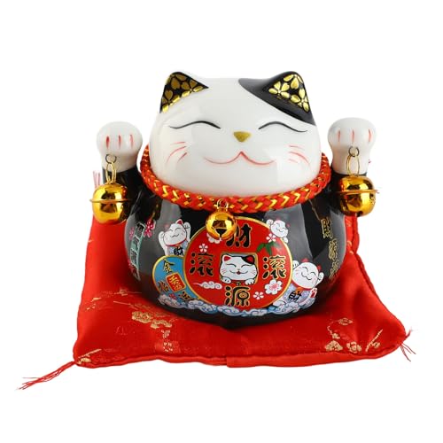 Lucky Cat, Maneki Neko Piggy Bank Beckoning Lucky Cats Fengshui Waving Cat Japanese Fortune Cats Ceramic Money Pot Savings Money Bank for Home Decor (Black)